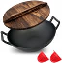 NutriChef 14-inch Cast Iron Wok with Wooden Lid