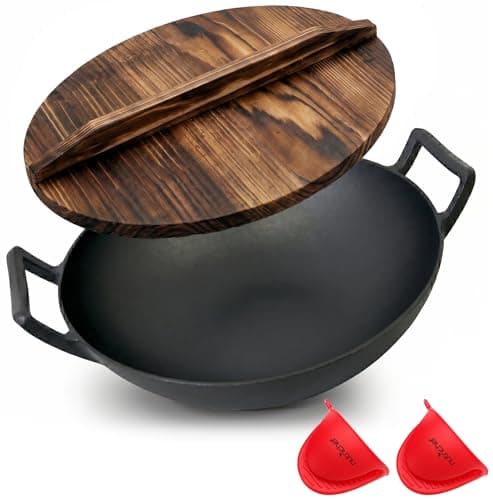 NutriChef 14-inch Cast Iron Wok with Wooden Lid